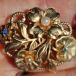 Vintage Gold Tone Earrings Pierced Lace Filigree Beads Pearl Rhinestone 1in